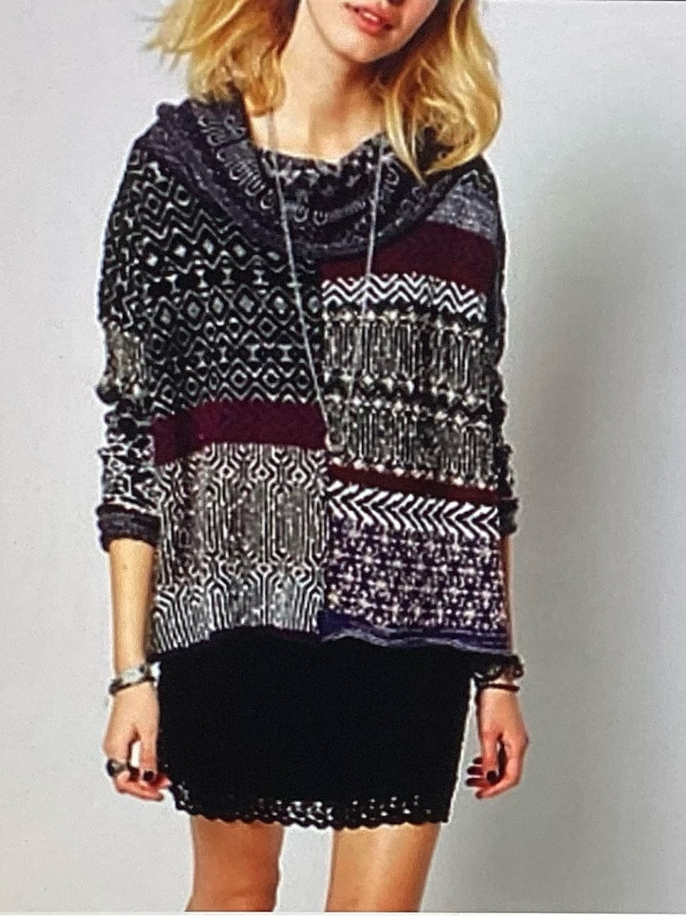 Free People Patchwork Cowl Sweater in Black, Gray & Cream